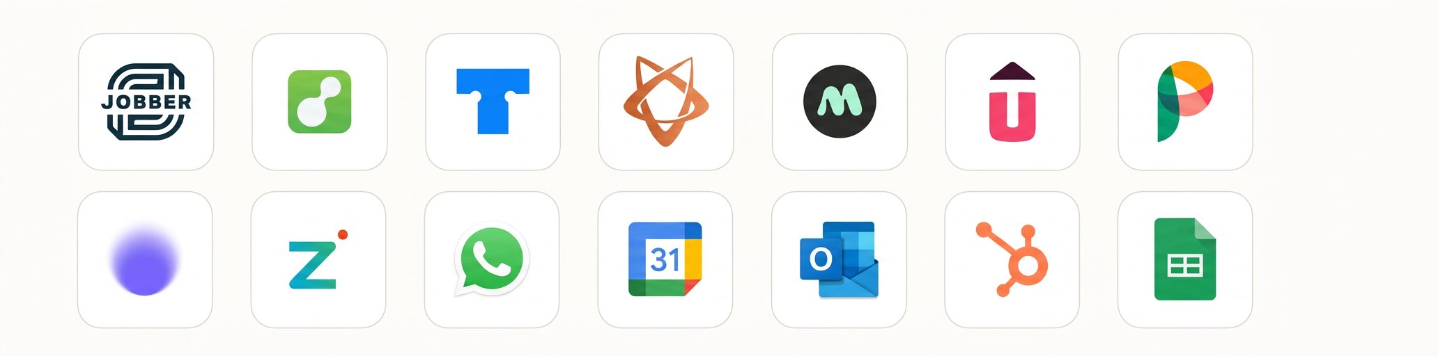Software integrations including Jobber, ServiceM8, Tradify, Glofox, Mindbody, TeamUp, Phorest, Fresha, Zenoti, WhatsApp, Google Calendar, Outlook, HubSpot and Google Sheets